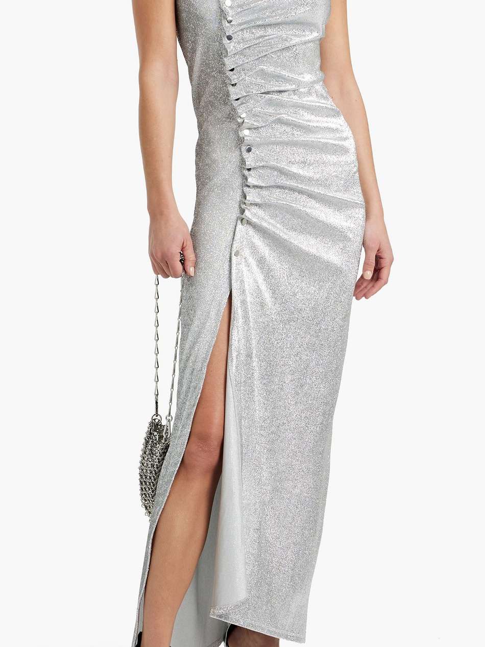 draped snap-detailed lamé maxi dress