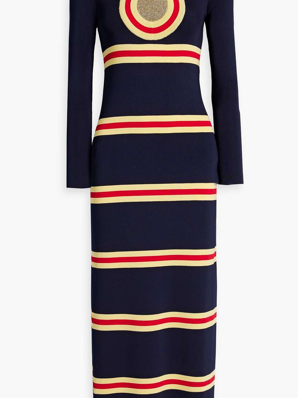 striped ribbed-knit midi dress
