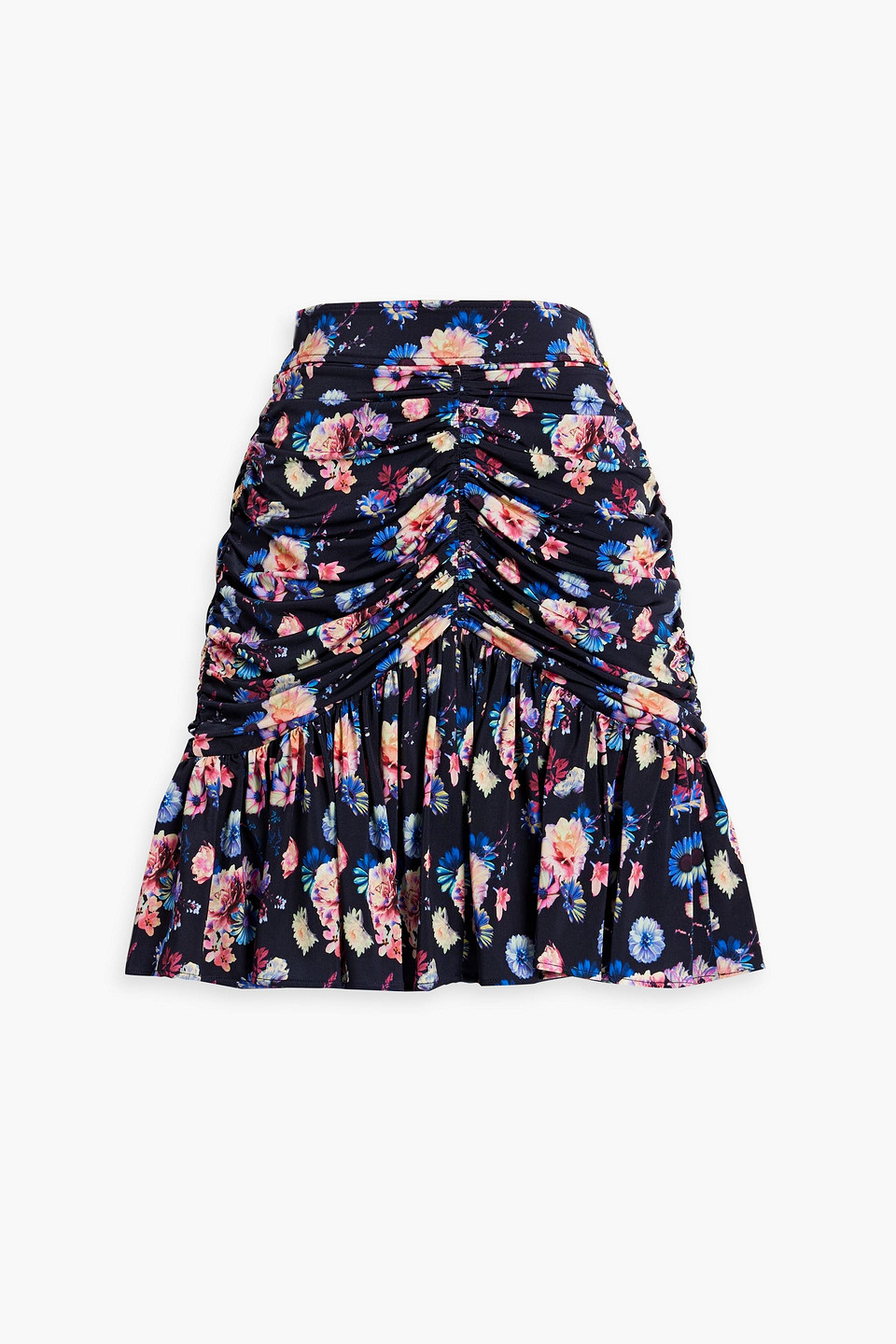 RABANNE RUCHED FLORAL-PRINT STRETCH-JERSEY MINI SKIRT