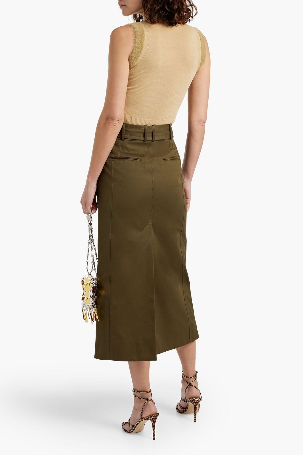 RABANNE Belted cotton-gabardine midi skirt