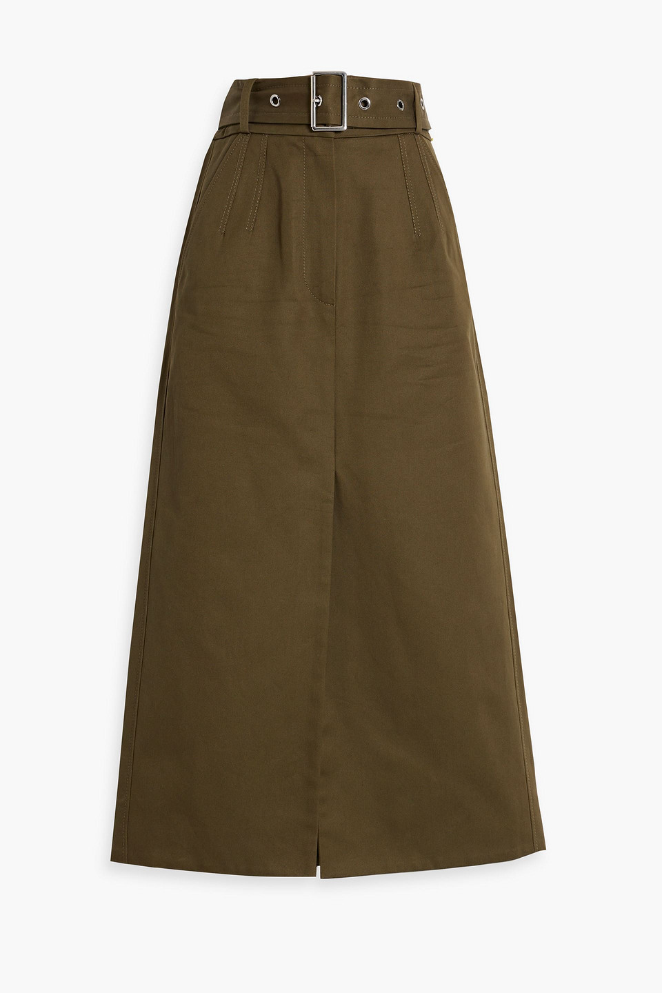 Rabanne Belted Cotton-gabardine Midi Skirt In Army Green