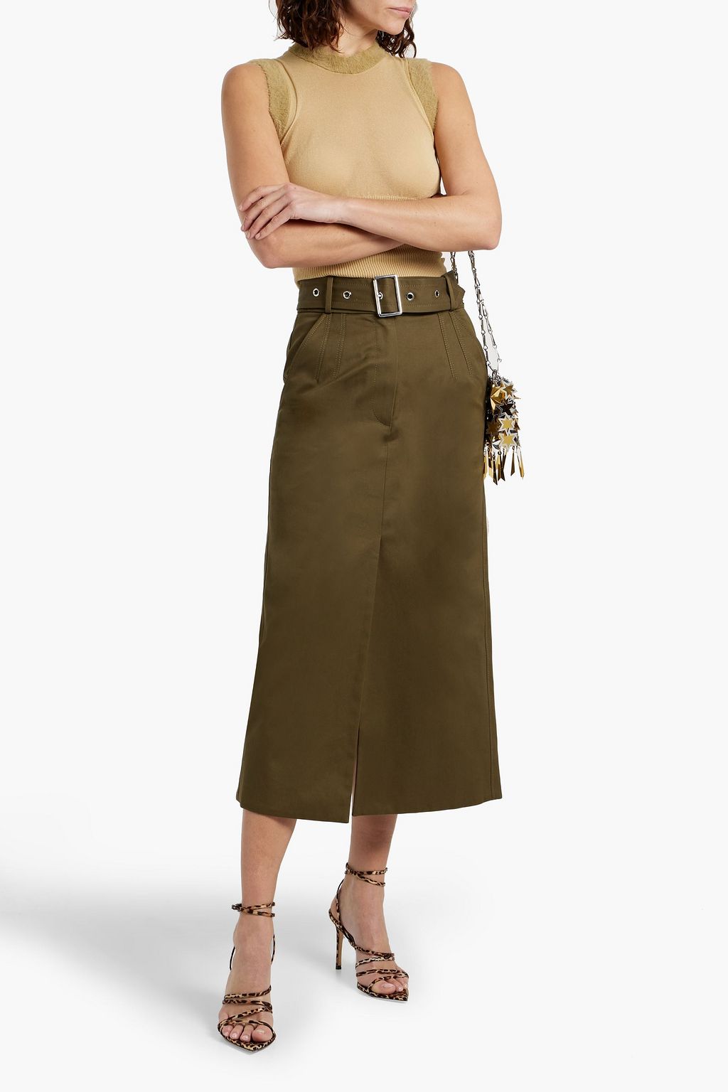 RABANNE Belted cotton-gabardine midi skirt