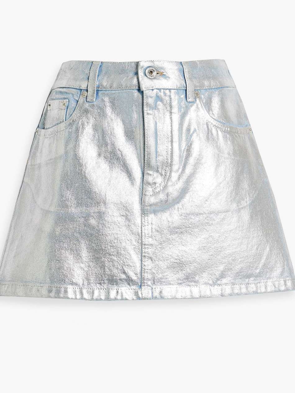 coated metallic denim mini skirt