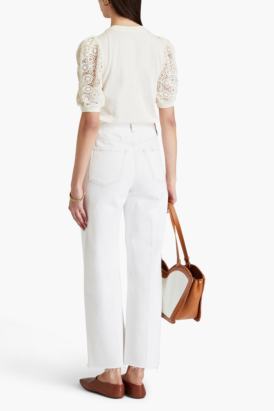 Frame Frankie Crocheted Lace And Cotton-jersey Top In Creme