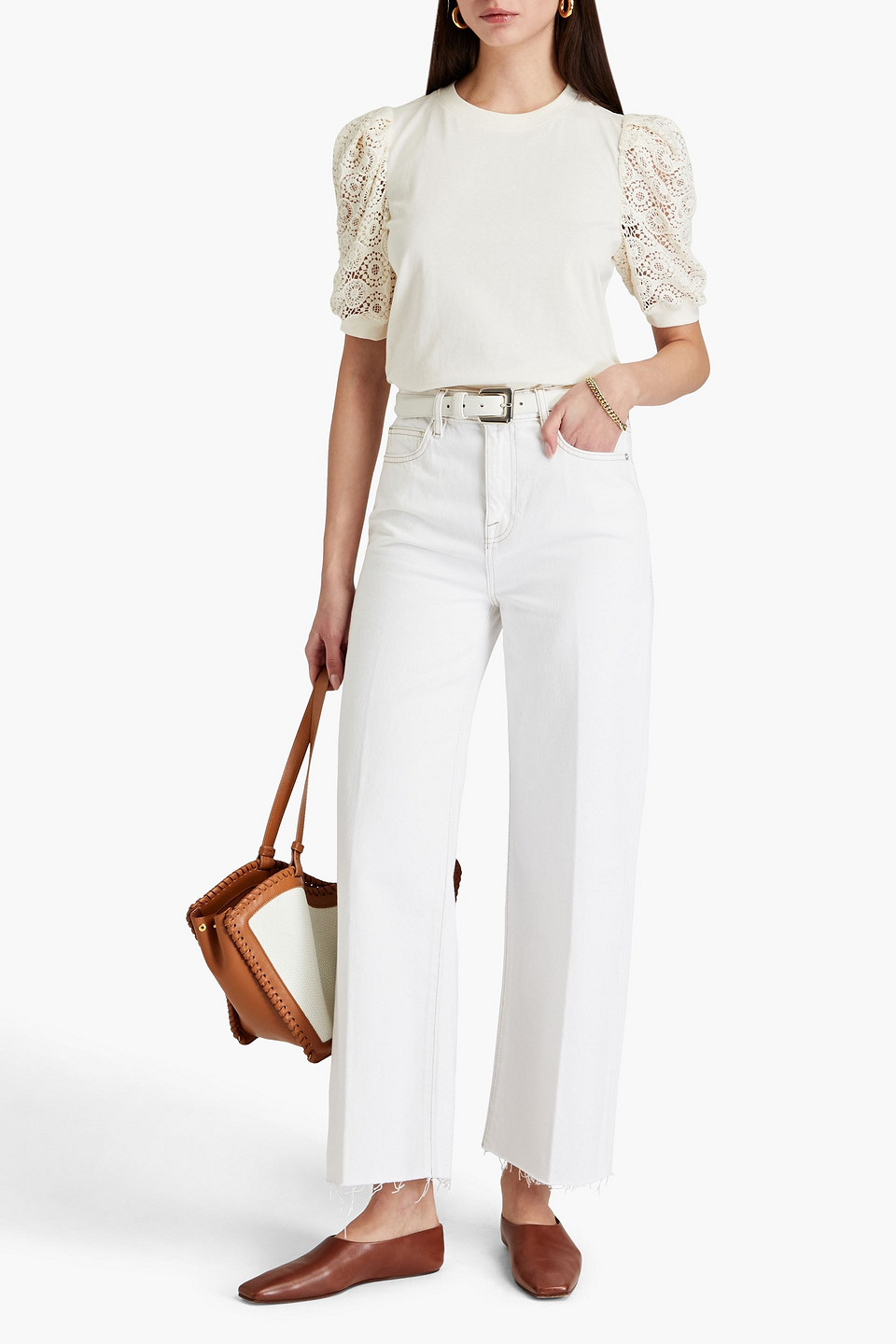 Frame Frankie Crocheted Lace And Cotton-jersey Top In Creme