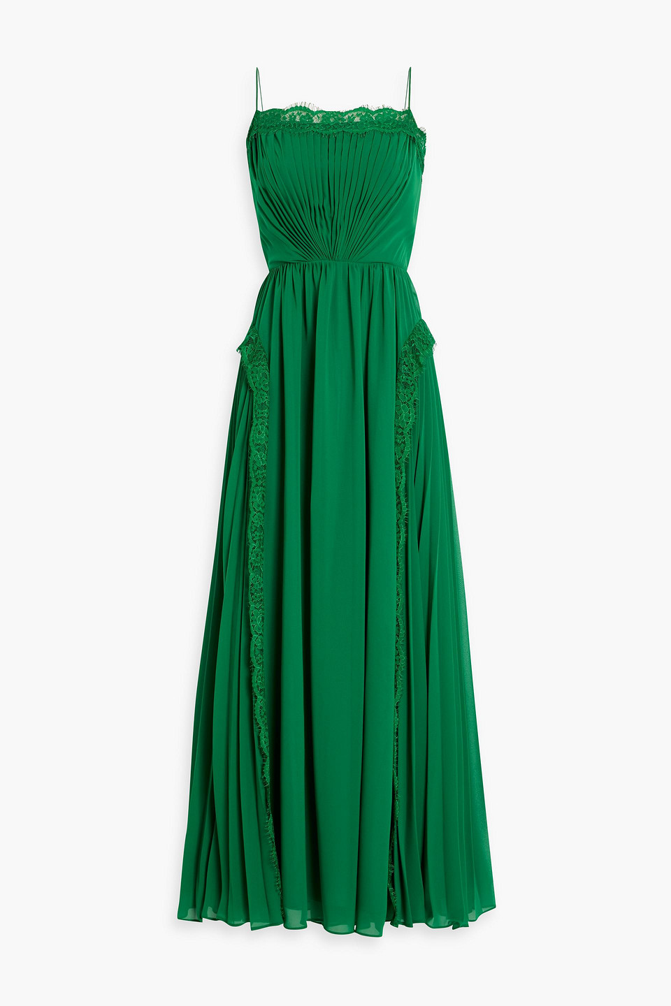 Lace-trimmed pleated chiffon gown
