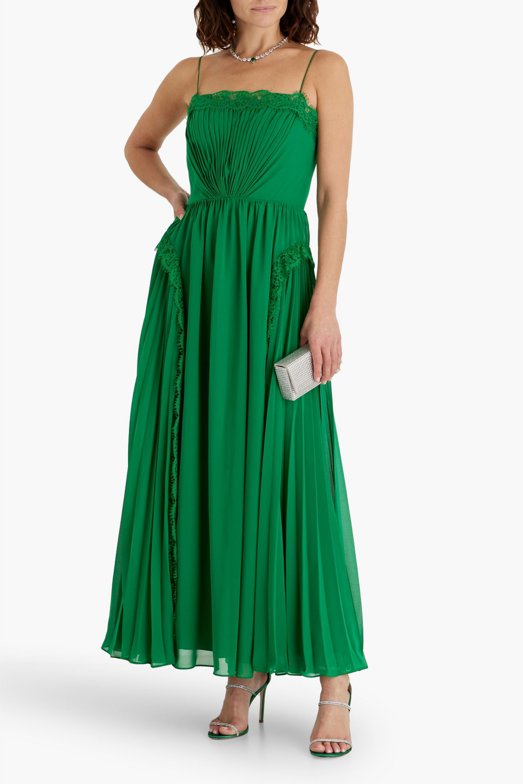 ZAC POSEN Lace-trimmed pleated chiffon gown