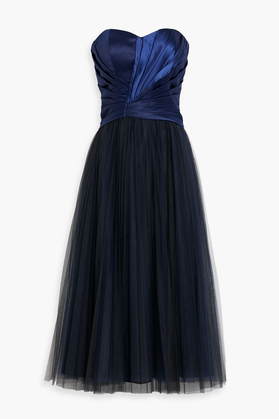 Strapless pleated satin-paneled tulle gown