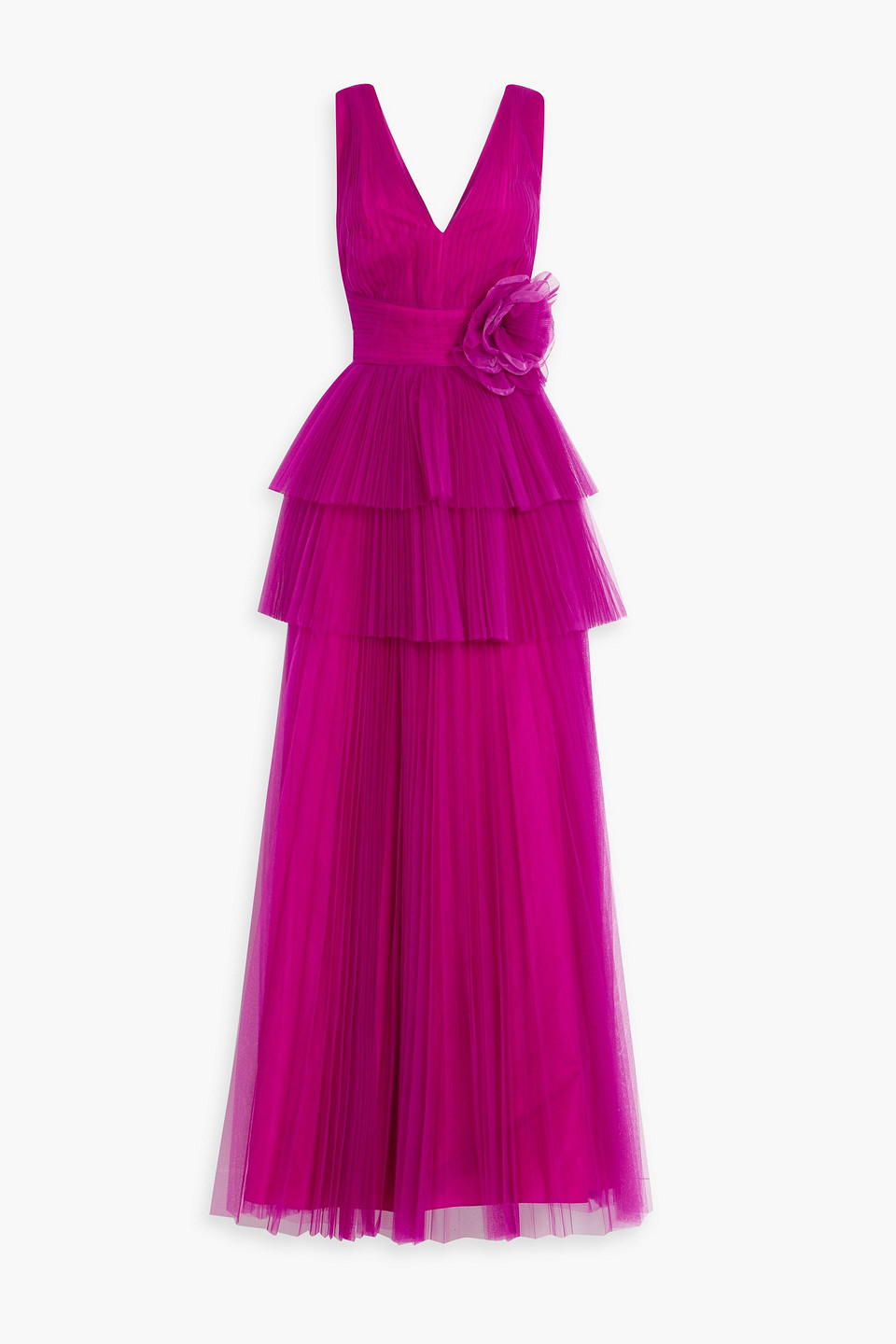 Tiered floral-appliquéd tulle gown