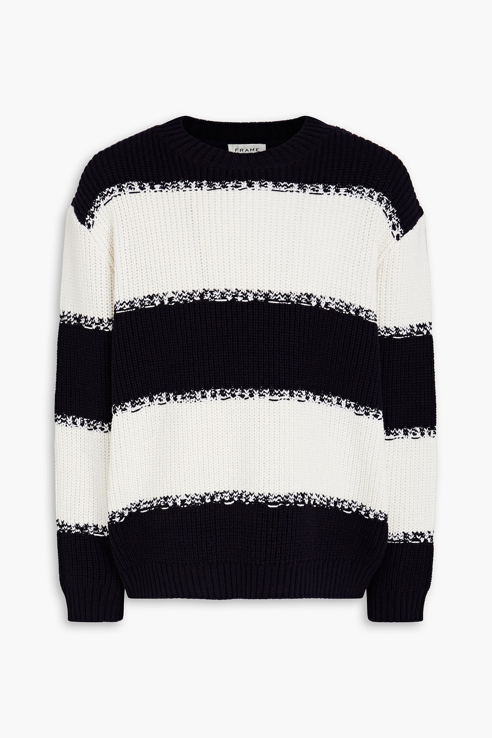 Frame Striped Merino Wool And Cotton-blend Sweater In Dark Navy Stripe