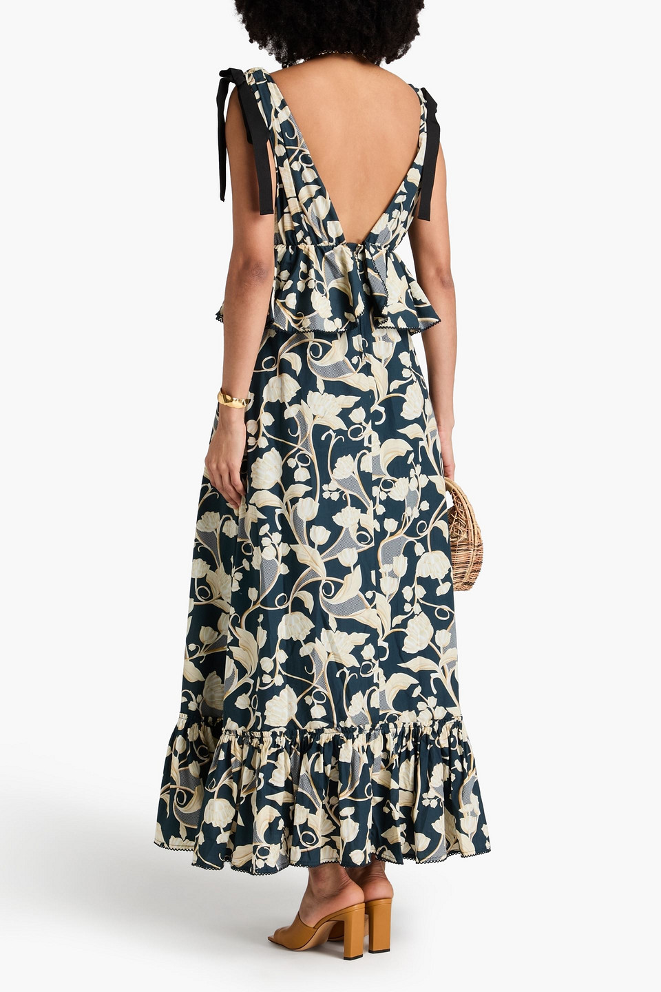 Agua By Agua Bendita Infinito Ruffled Floral-print Cotton-poplin Maxi Dress In Storm Blue