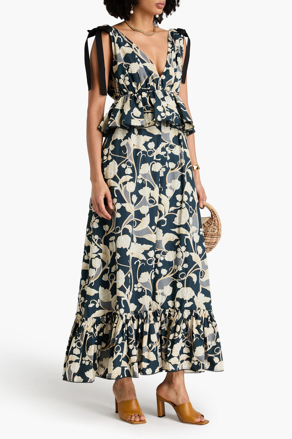 Agua By Agua Bendita Infinito Ruffled Floral-print Cotton-poplin Maxi Dress In Storm Blue