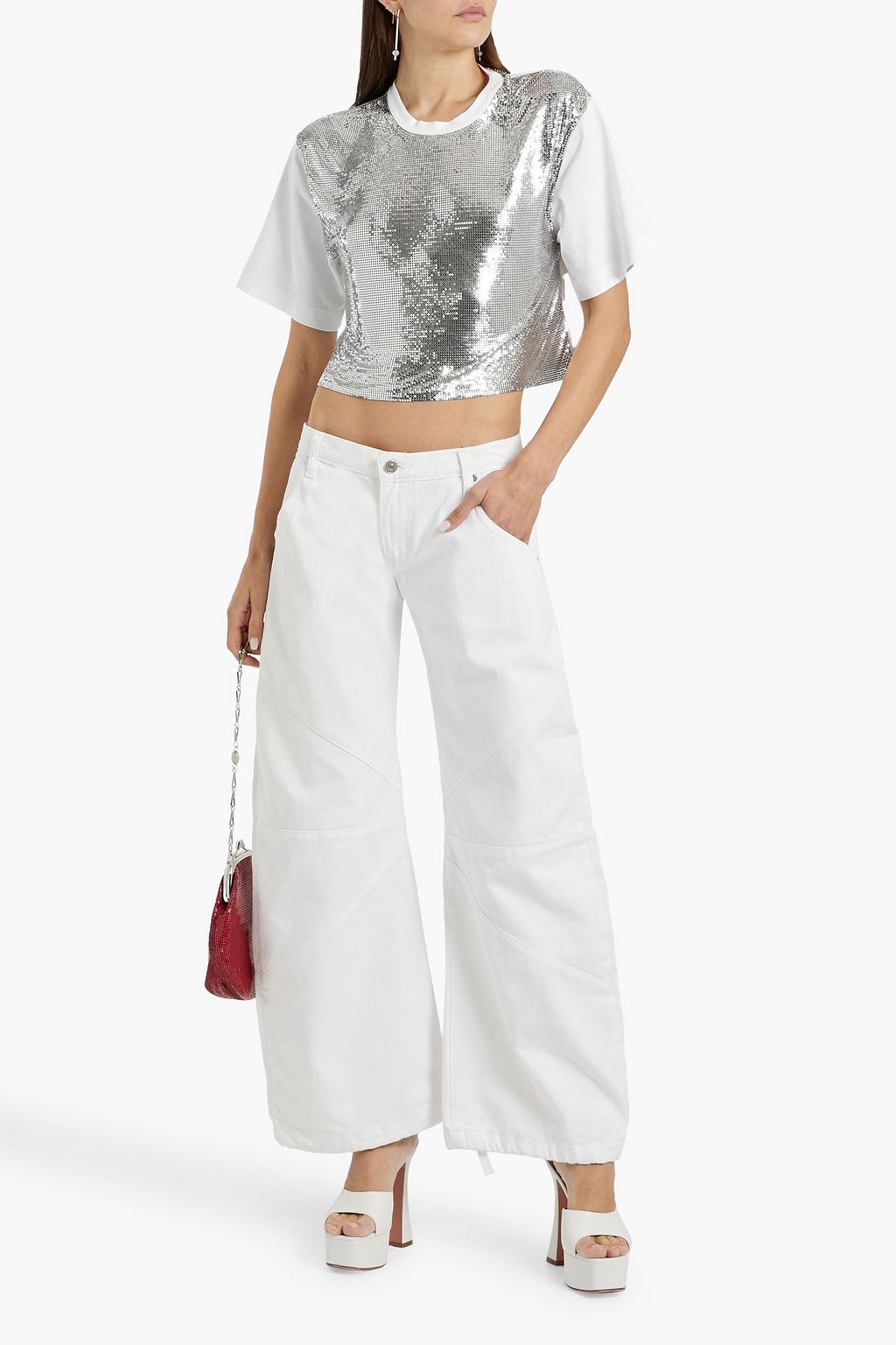 RABANNE Cropped cotton-jersey and chainmail T-shirt