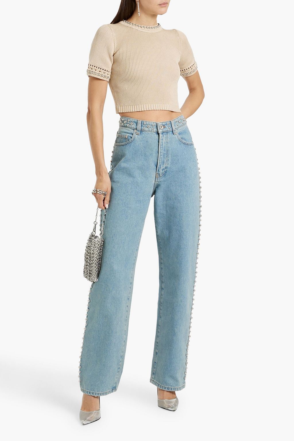RABANNE Cropped bead-embellished cotton top