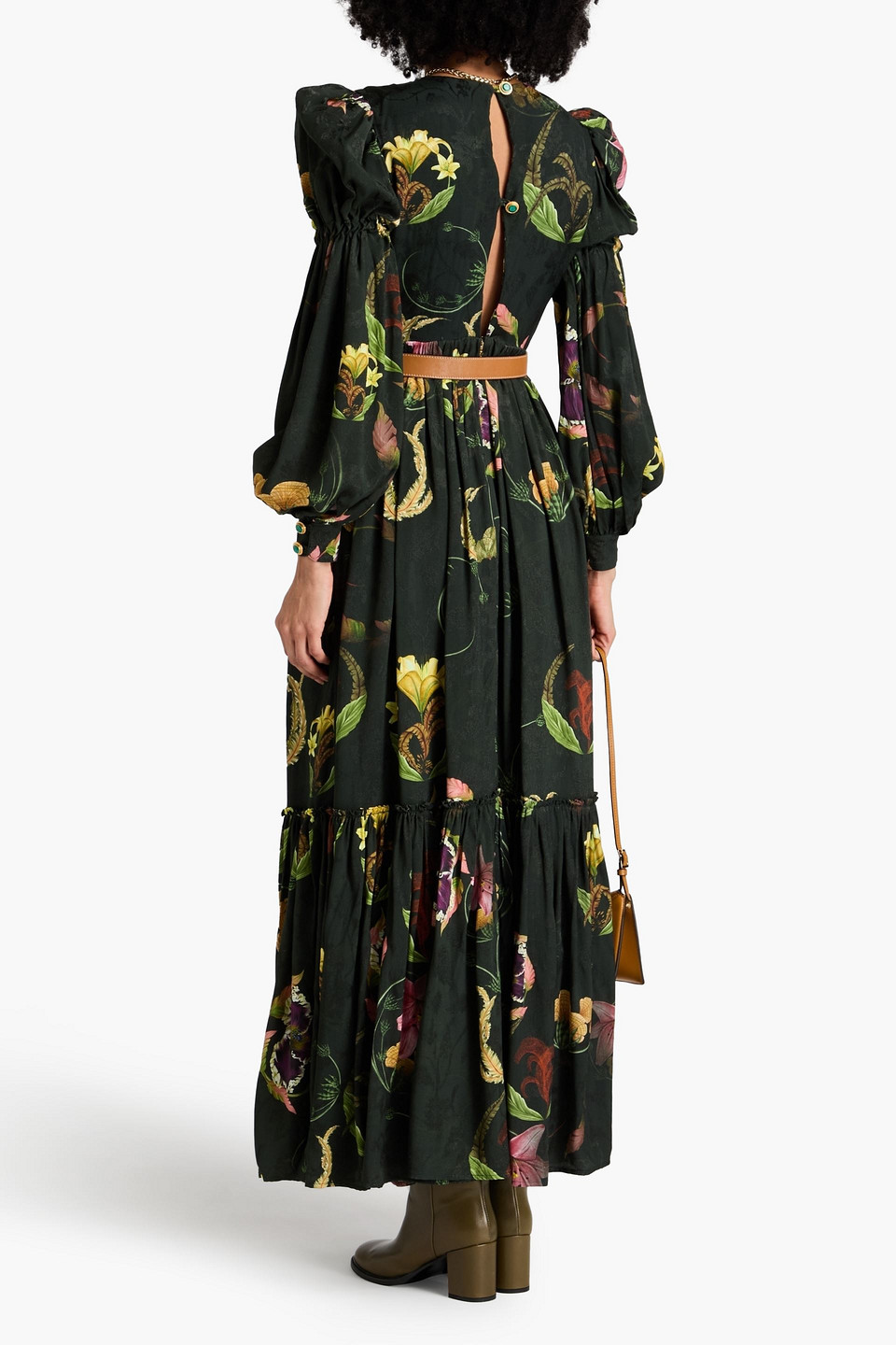 Shop Agua By Agua Bendita Secreto Ruffled Floral-print Jacquard Maxi Dress In Dark Green