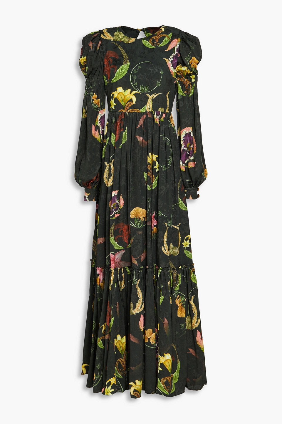 Agua By Agua Bendita Secreto Ruffled Floral-print Jacquard Maxi Dress In Dark Green