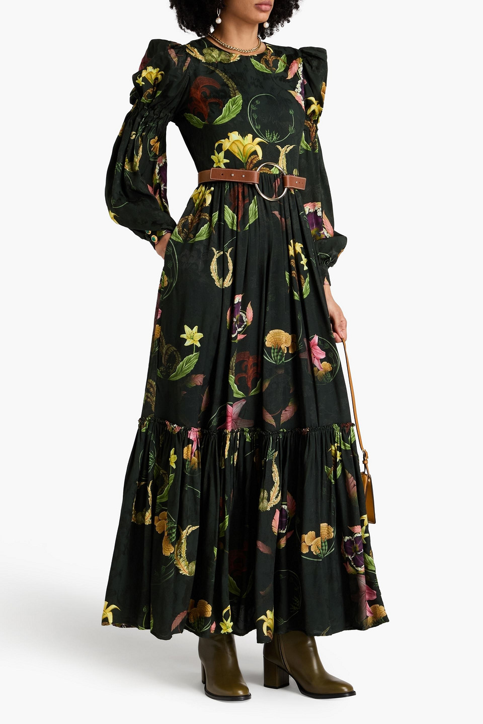 Shop Agua By Agua Bendita Secreto Ruffled Floral-print Jacquard Maxi Dress In Dark Green