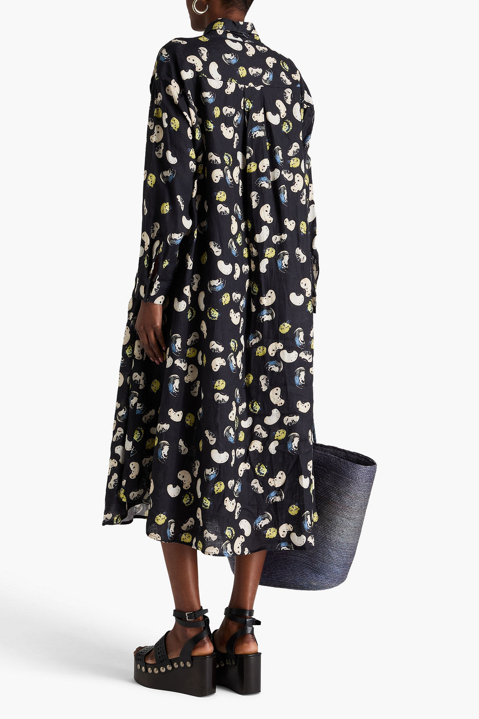 Shop Agua By Agua Bendita Frida Cosecha Printed Linen Midi Shirt Dress In Black