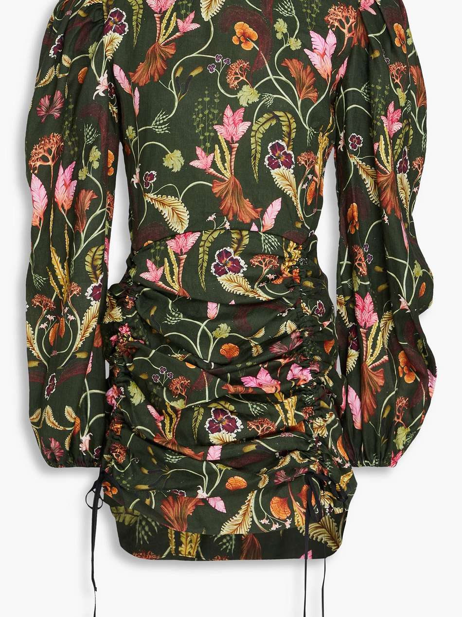 guaba ruched floral-print linen mini dress