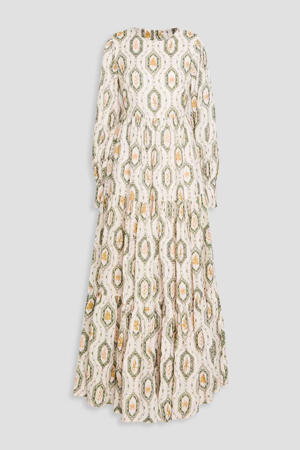Agua By Agua Bendita Nuez Tiered Floral-print Linen Maxi Dress In Ivory