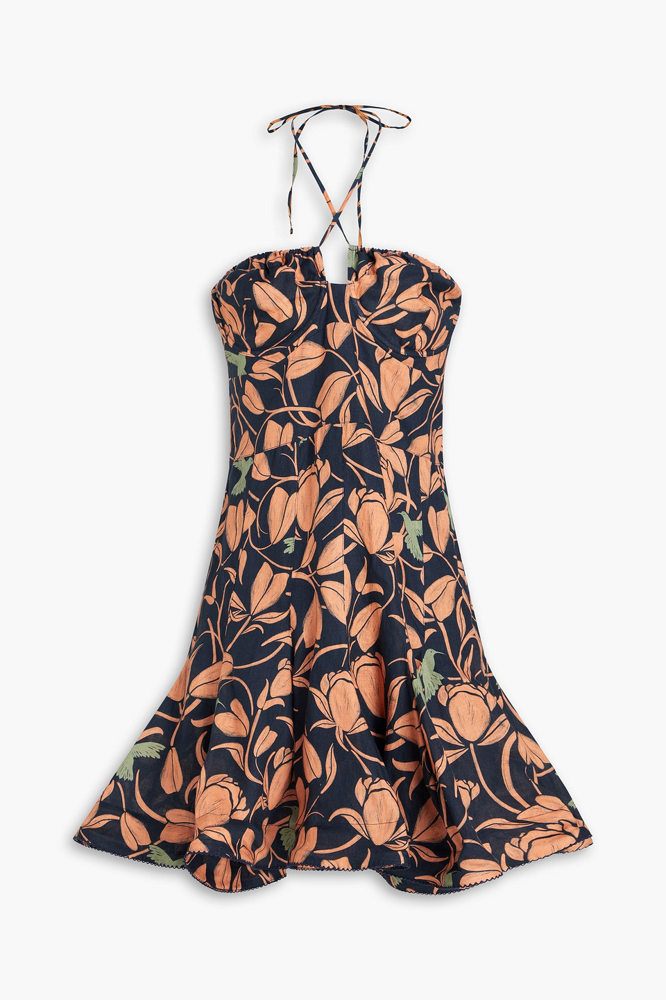 Agua By Agua Bendita Anturio Flora Fluted Floral-print Linen Mini Dress In Black