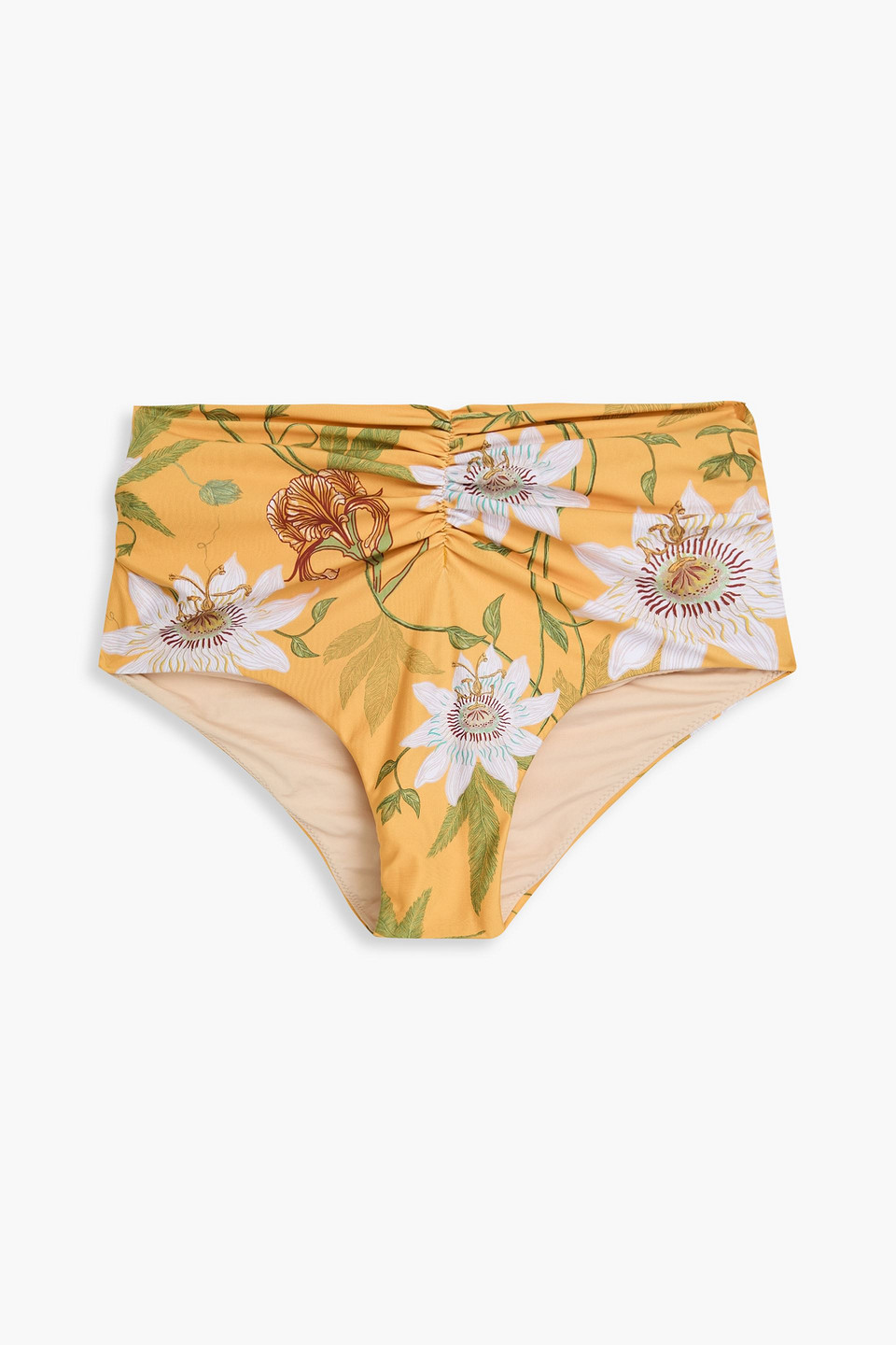 Agua By Agua Bendita Vaiven Ruched Floral-print High-rise Bikini Briefs In Marigold