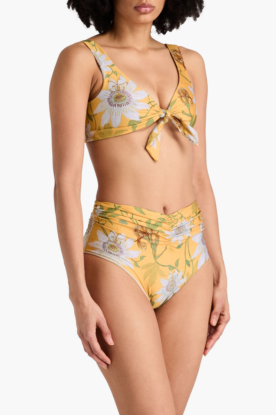 Agua By Agua Bendita Vaiven Ruched Floral-print High-rise Bikini Briefs In Marigold