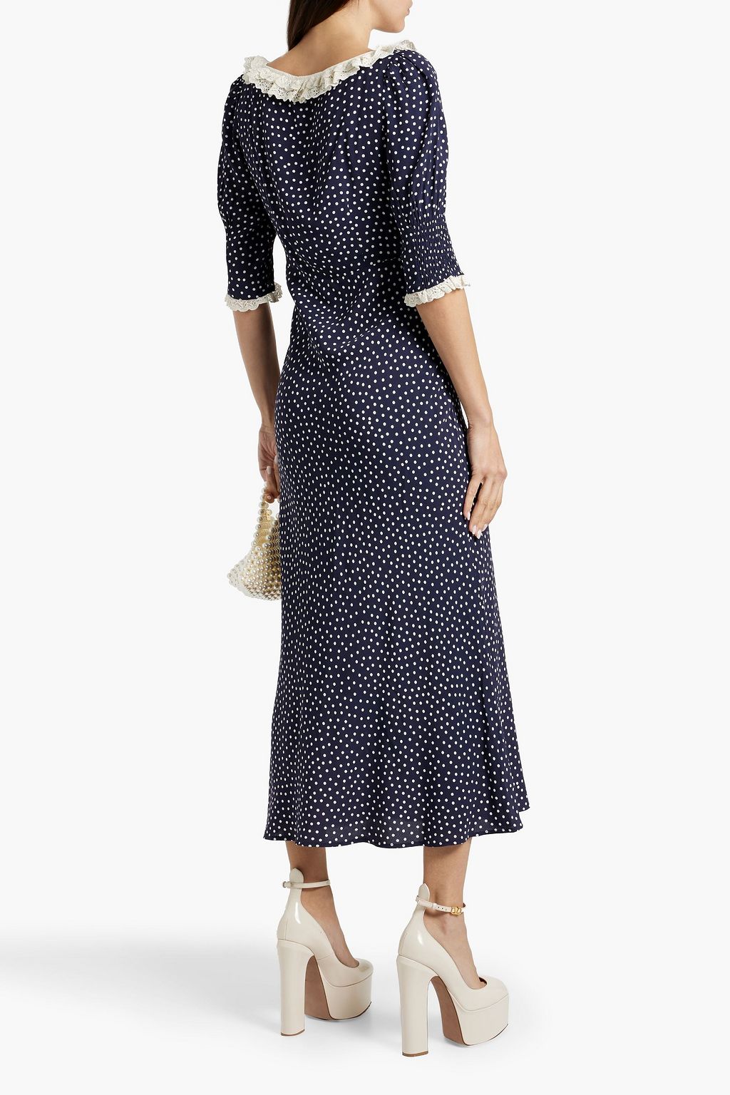 RIXO Juliette lace-trimmed polka-dot crepe de chine midi dress