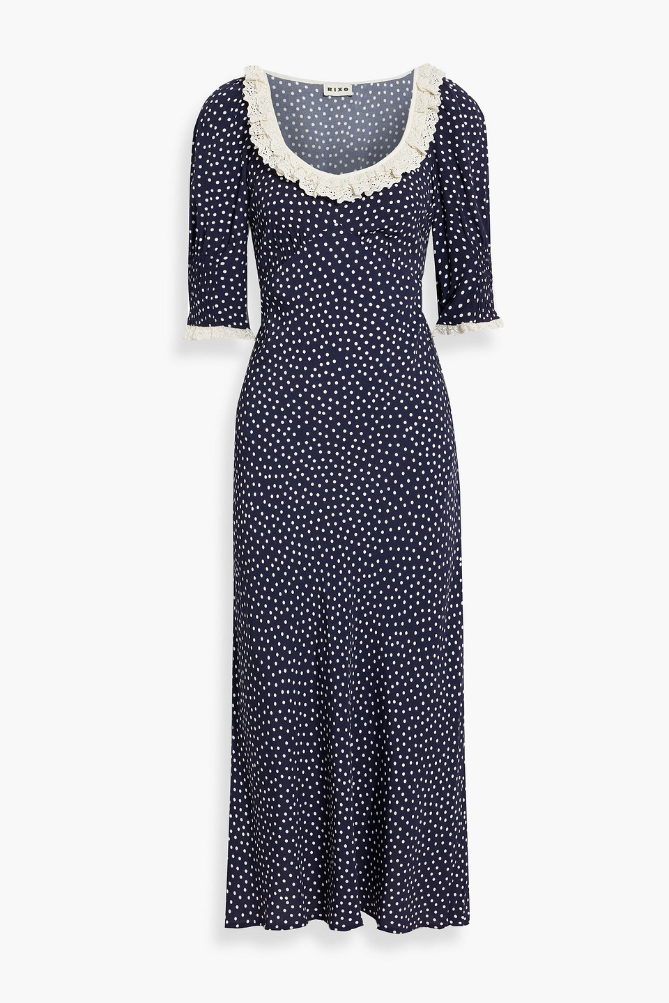 Rixo London Juliette Lace-trimmed Polka-dot Crepe De Chine Midi Dress In Navy