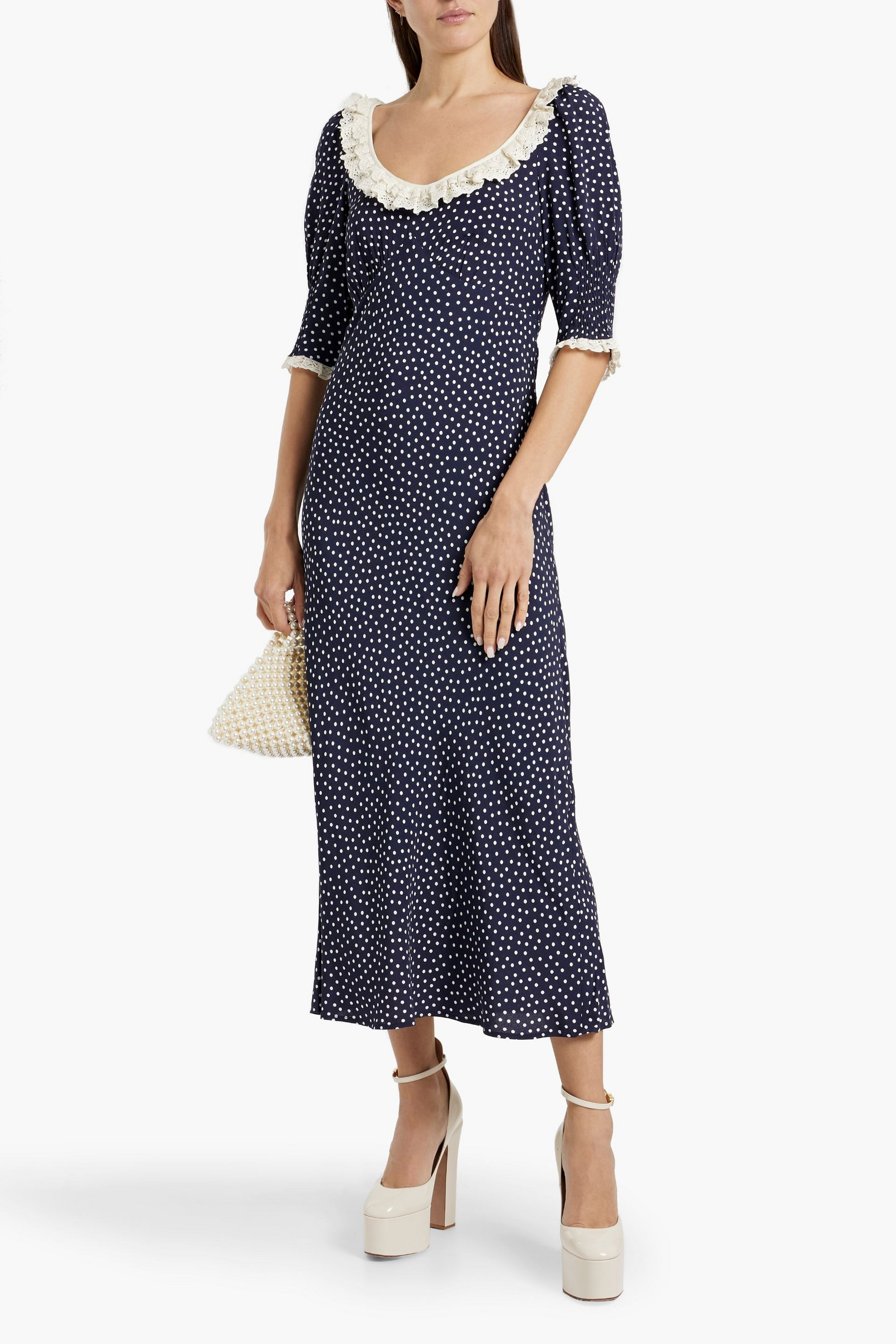 RIXO Juliette lace-trimmed polka-dot crepe de chine midi dress