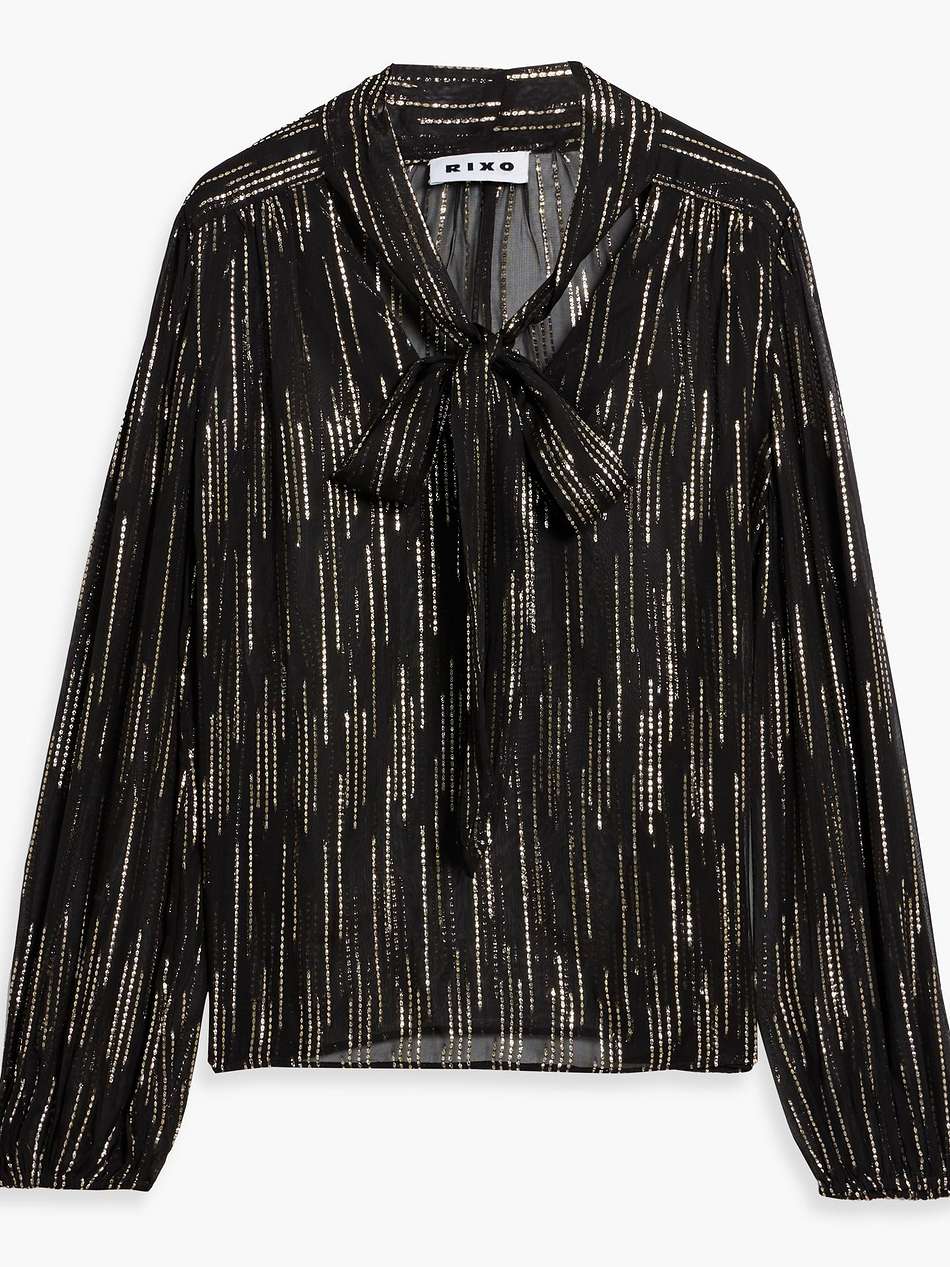 moss pussy-bow metallic jacquard blouse
