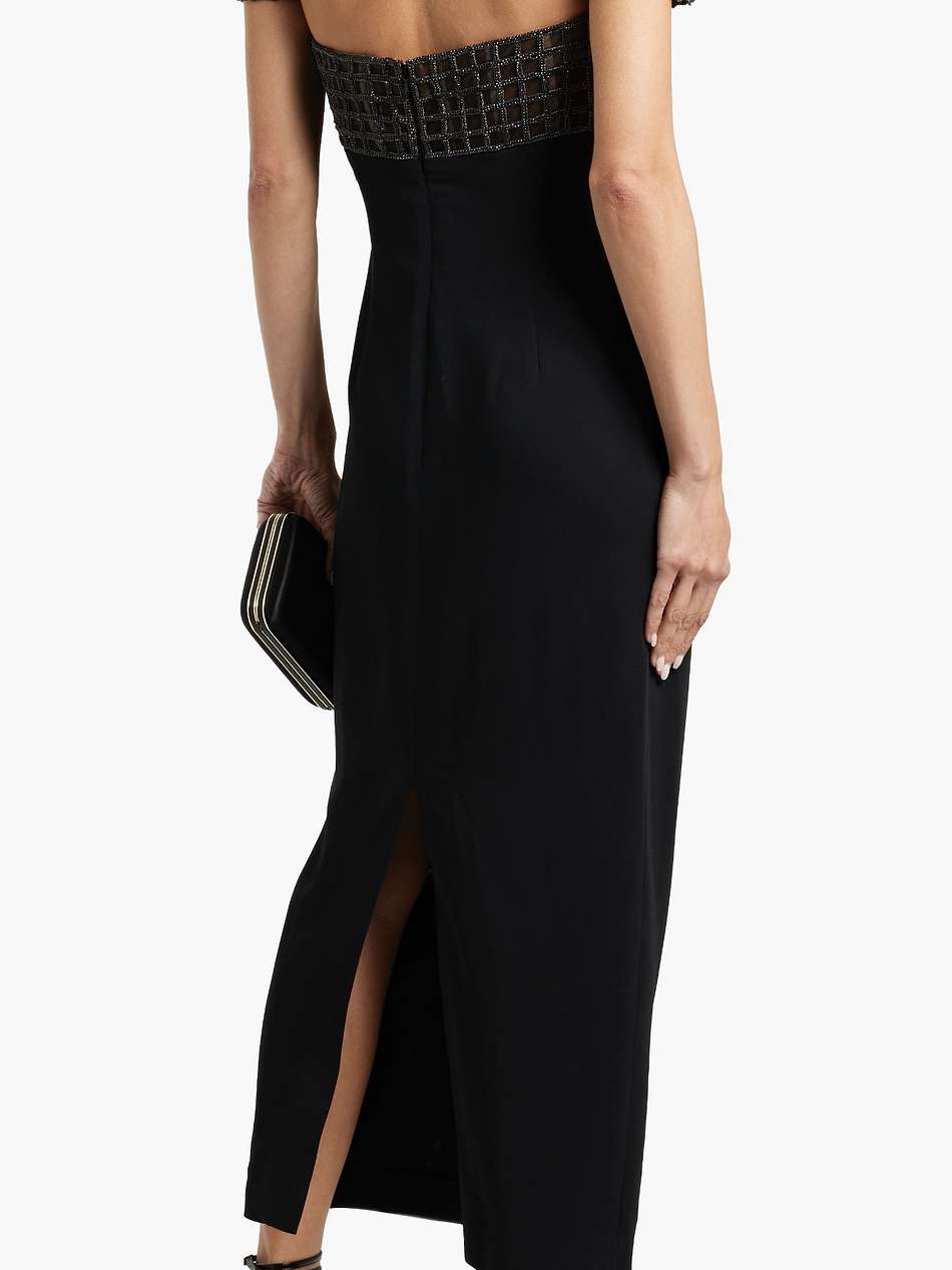crystal-embellished tulle-paneled crepe midi dress