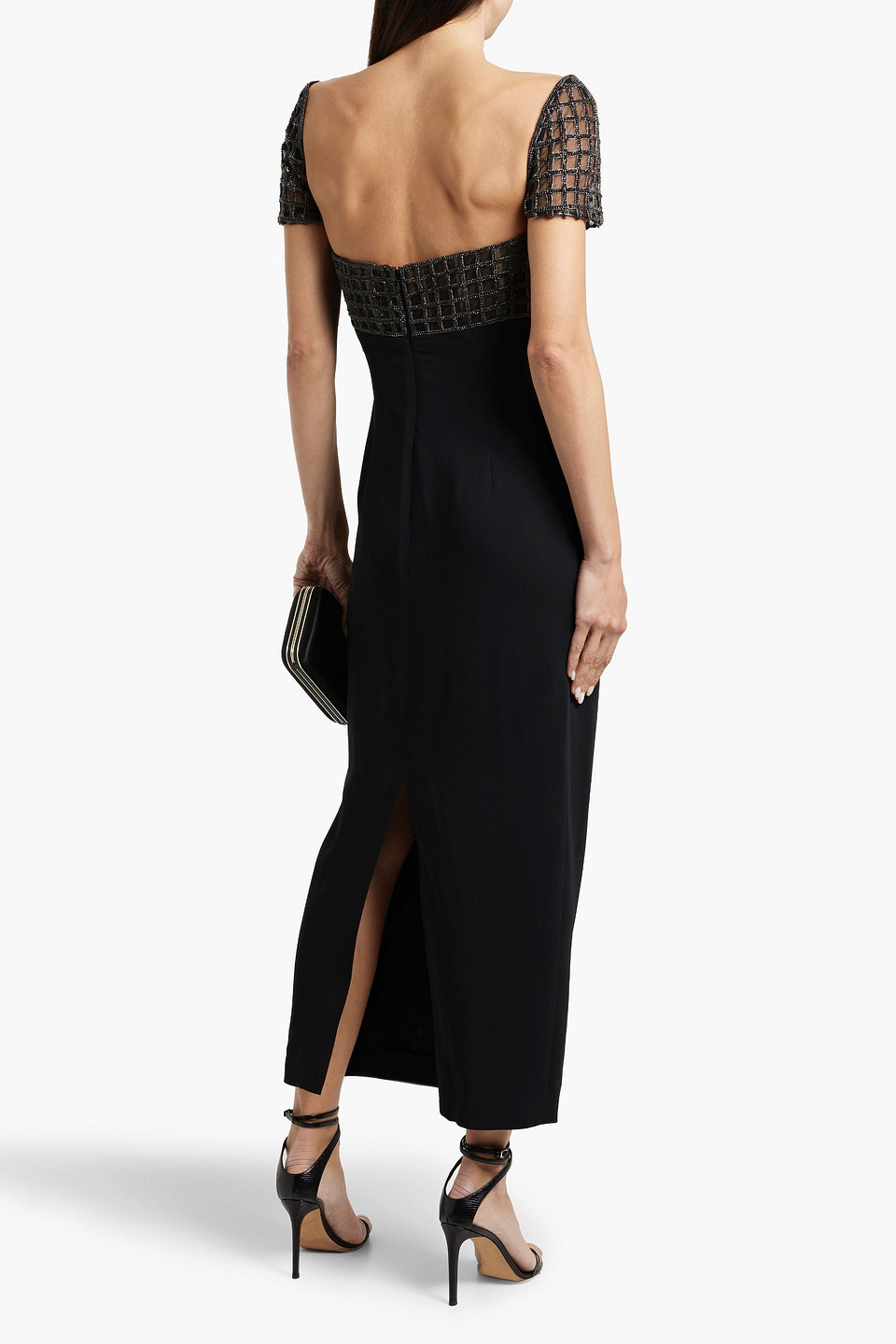 Oscar De La Renta Crystal-embellished Tulle-paneled Crepe Midi Dress In Black