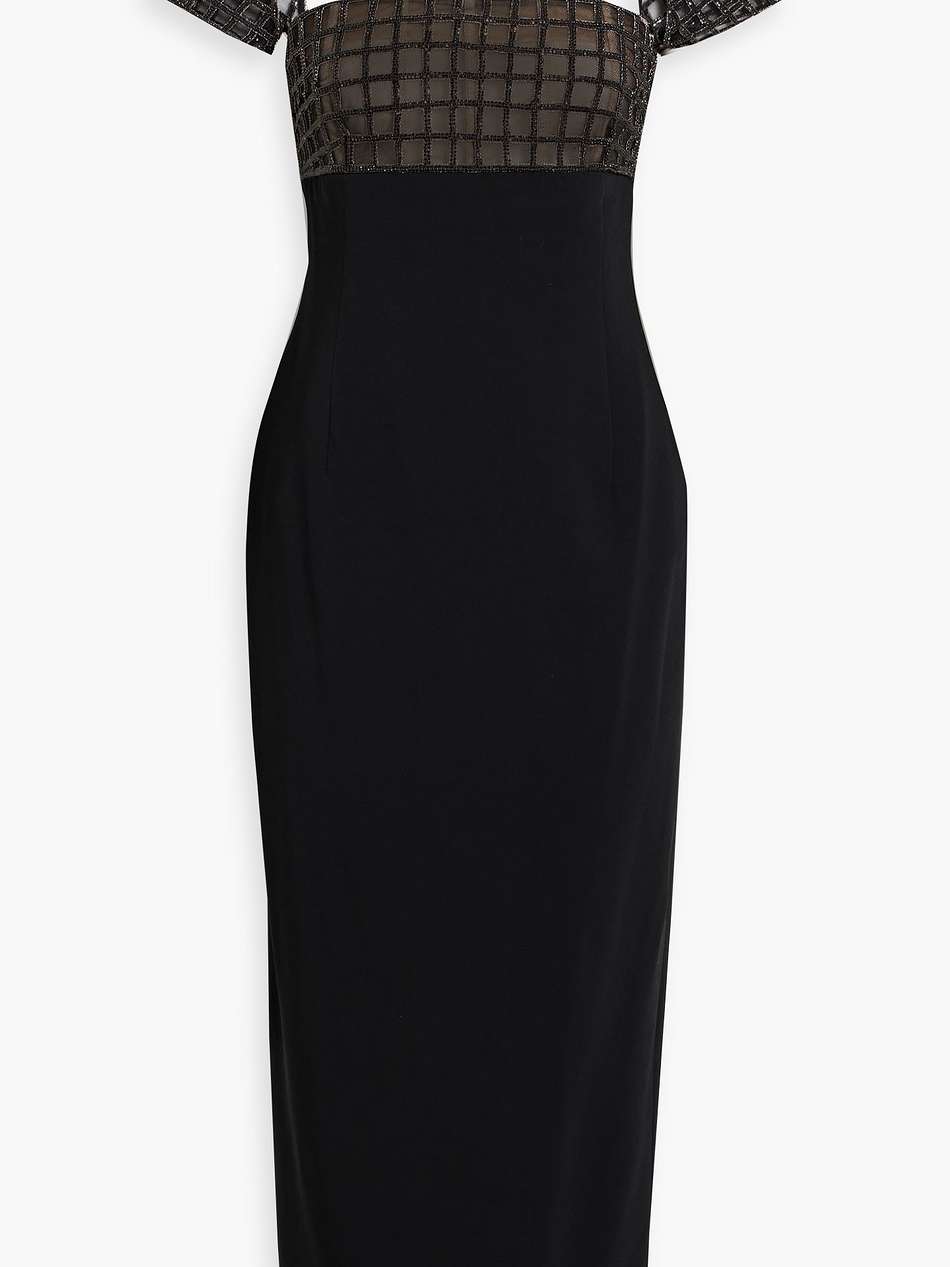 crystal-embellished tulle-paneled crepe midi dress