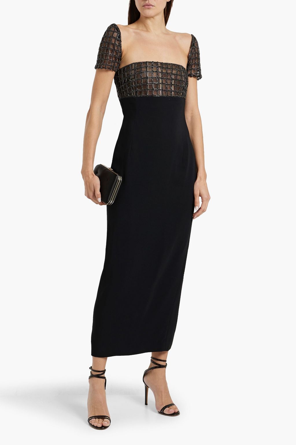 OSCAR DE LA RENTA Crystal-embellished tulle-paneled crepe midi dress