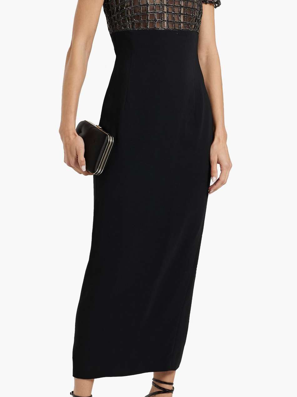 crystal-embellished tulle-paneled crepe midi dress