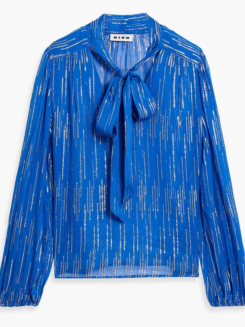 moss pussy-bow metallic jacquard blouse