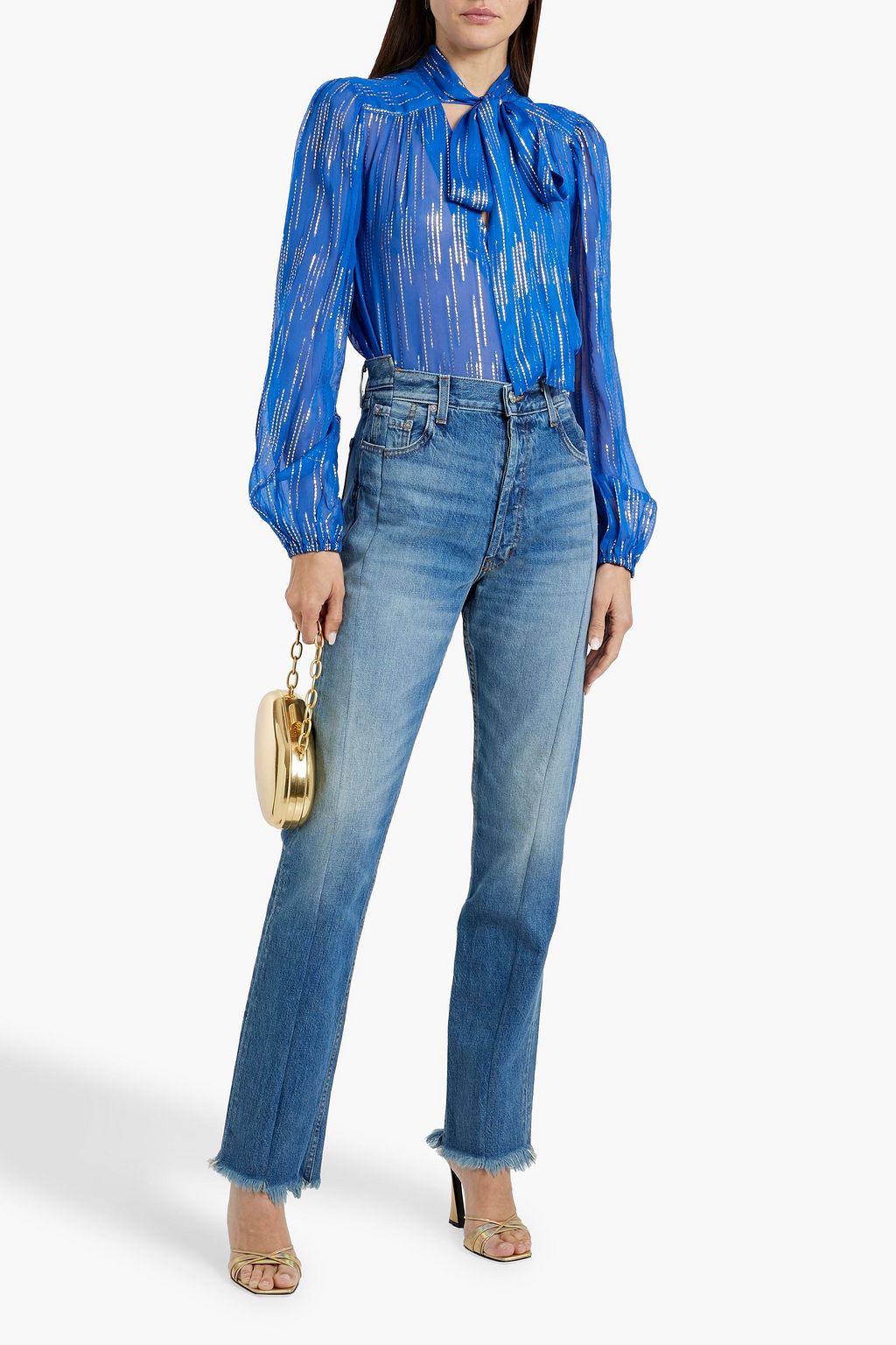 RIXO Moss pussy-bow metallic jacquard blouse