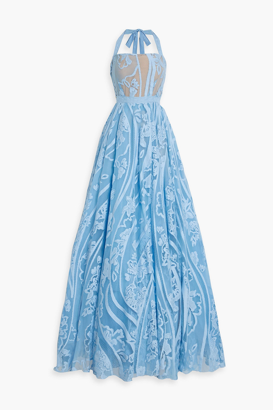 Zuhair Murad Embroidered Tulle Halterneck Gown In Light Blue