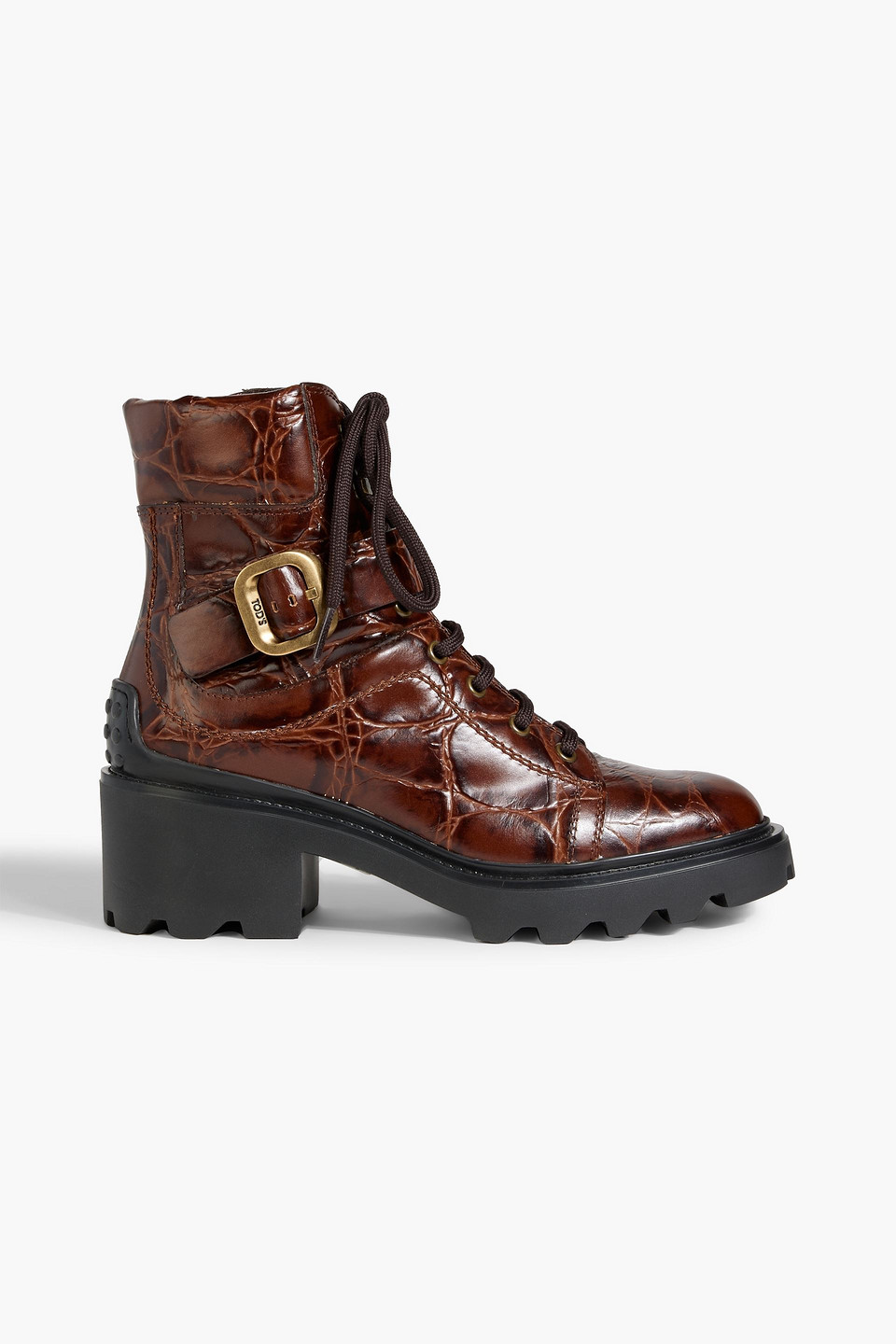Tod's Croc-effect Leather Combat Boots In Brown