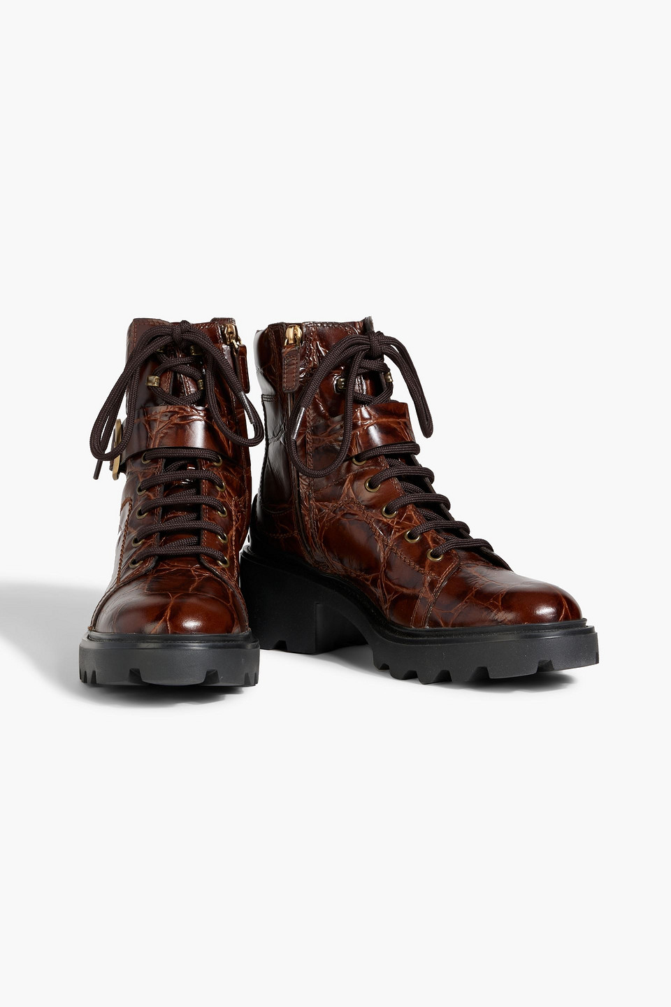 Tod's Croc-effect Leather Combat Boots In Brown