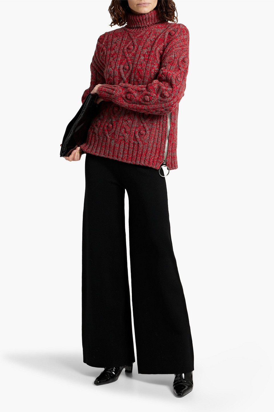 RABANNE ZIP-DETAILED MARLED CABLE-KNIT WOOL TURTLENECK SWEATER