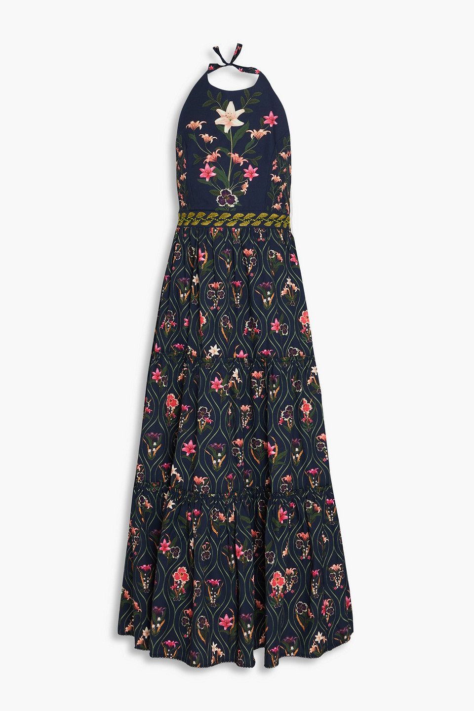 Agua By Agua Bendita Consuelo Embellished Printed Cotton-poplin Midi Halterneck Dress In Navy