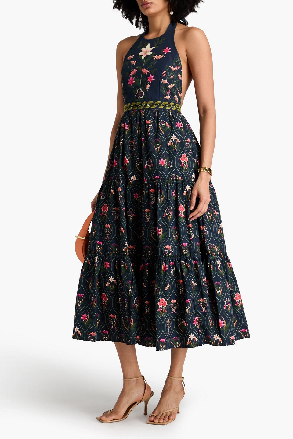 Agua By Agua Bendita Consuelo Embellished Printed Cotton-poplin Midi Halterneck Dress In Navy