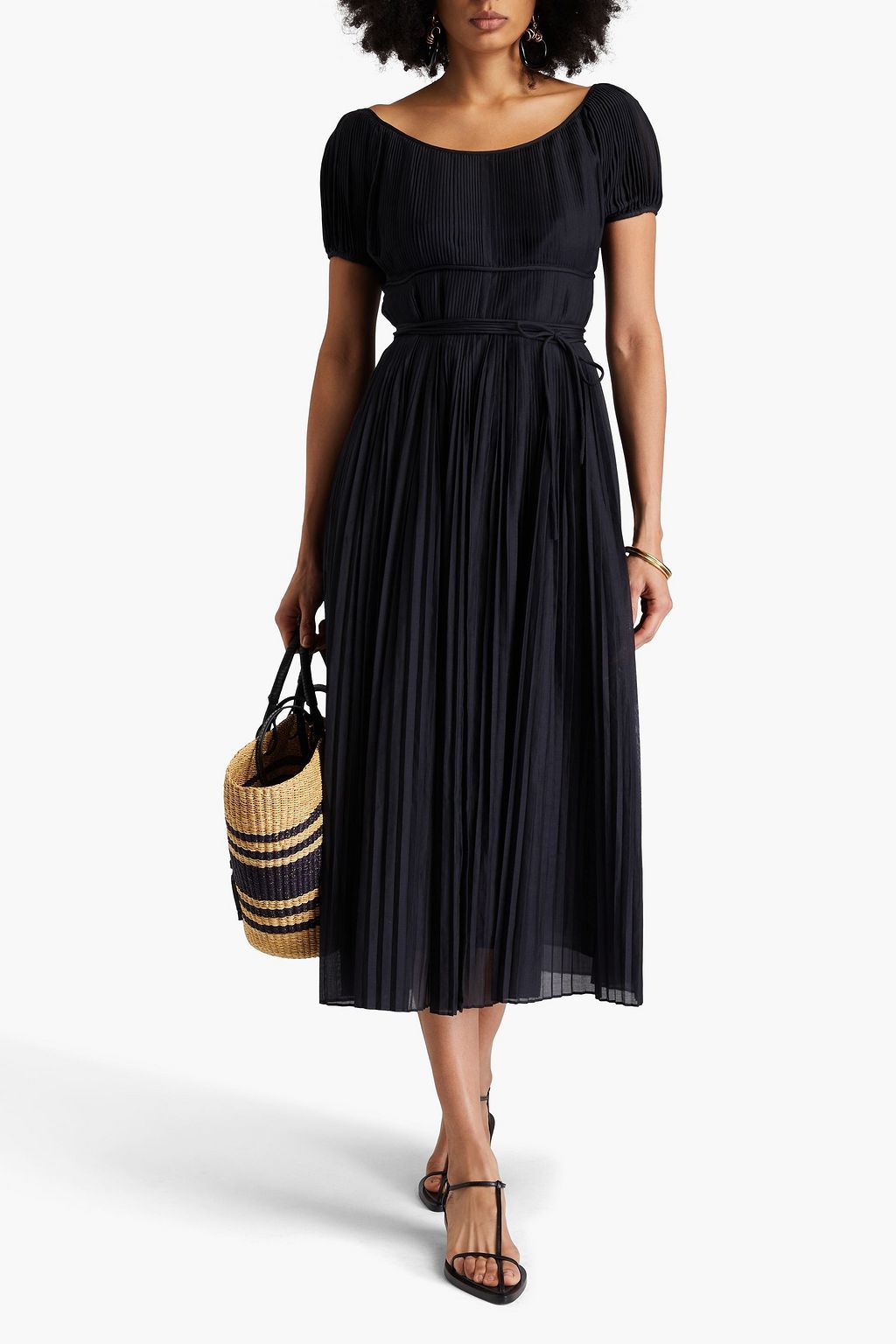 TORY BURCH 스트라이프 코튼 실크 혼방 보일 플리츠 미디 드레스