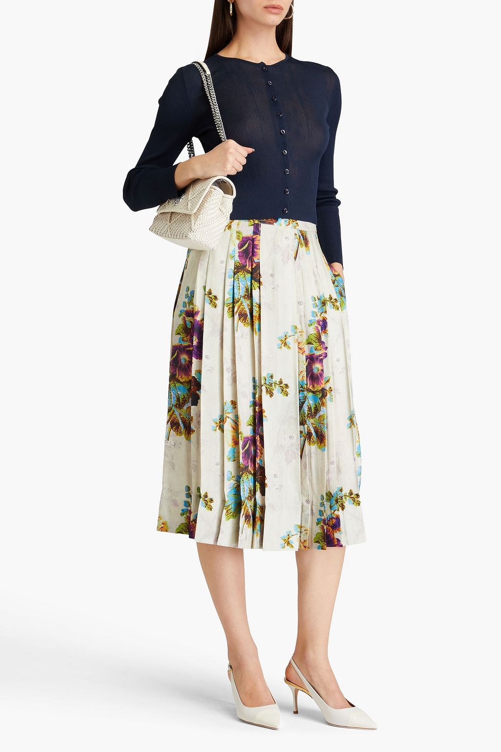 TORY BURCH تنورة متوسطة الطول من الجاكار مزينة بكسرات وبطبعة الأزهار