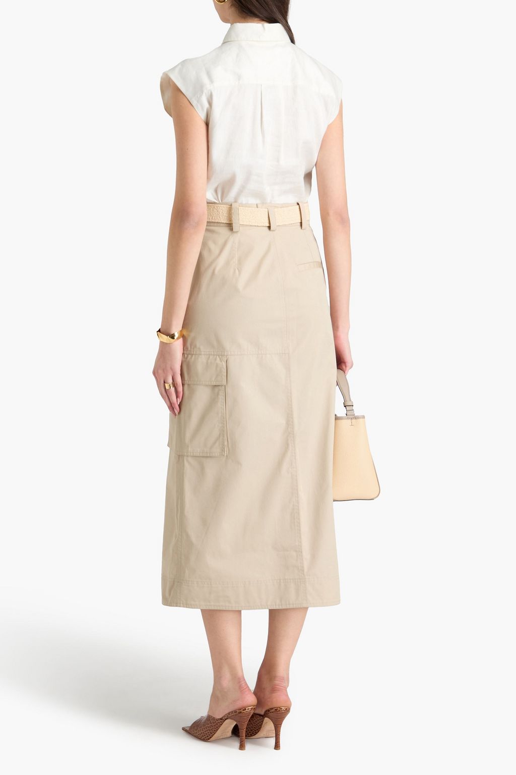 TORY BURCH Belted cotton-poplin midi skirt