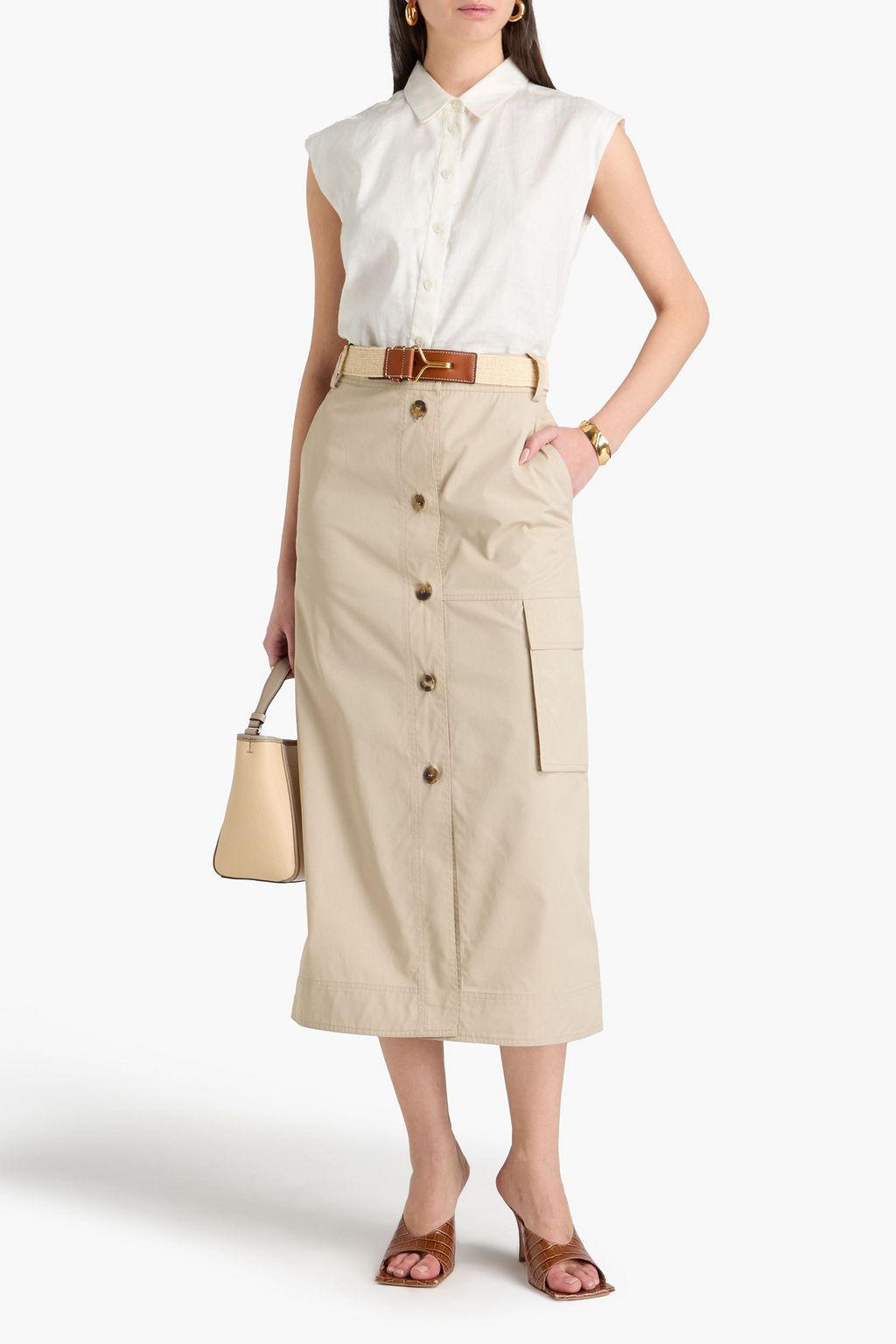 TORY BURCH Belted cotton-poplin midi skirt