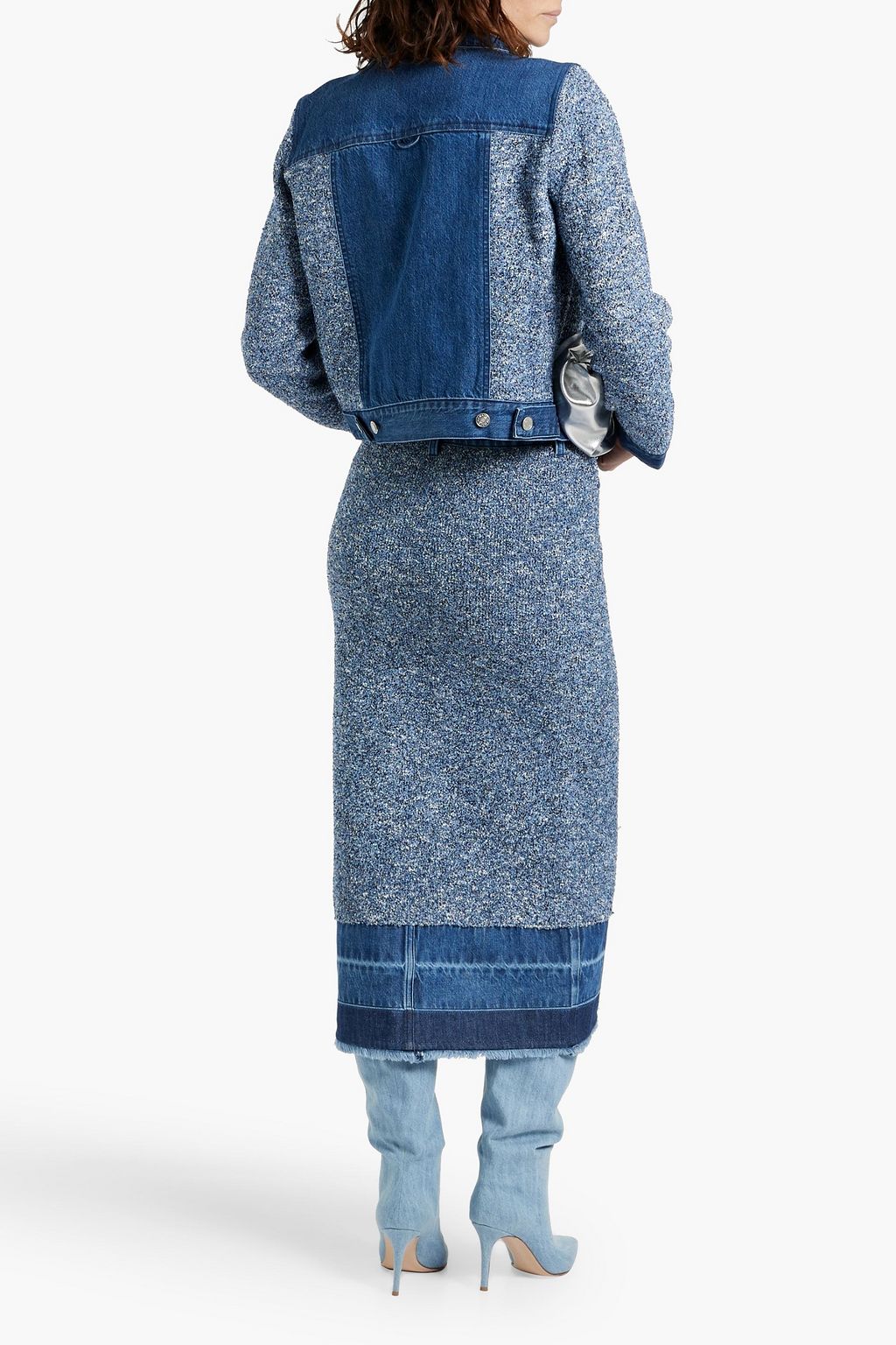SIMKHAI Maddy denim and bouclé-knit midi skirt
