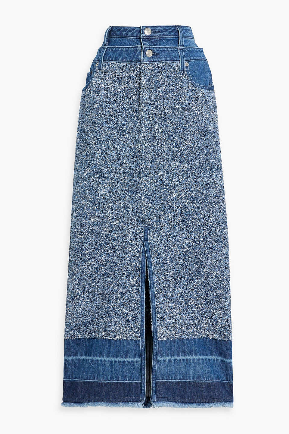 Simkhai Maddy Denim And Bouclé-knit Midi Skirt In Mid Denim